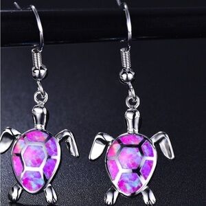 Silver Turtle Earrings with Pink Accents
